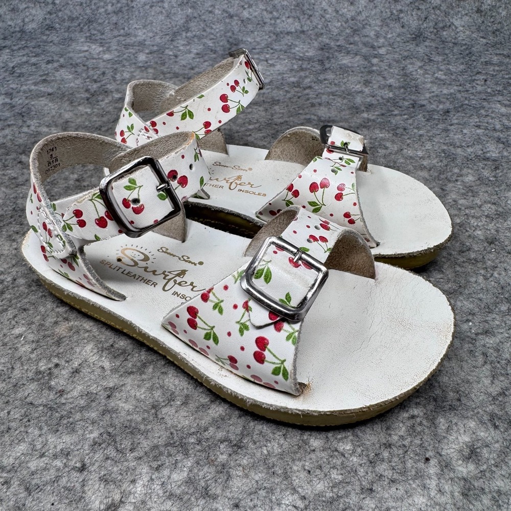 Salt Water Sandals Sun-San Surfer Size 8 Girls Cherries Print Beach Summer White
